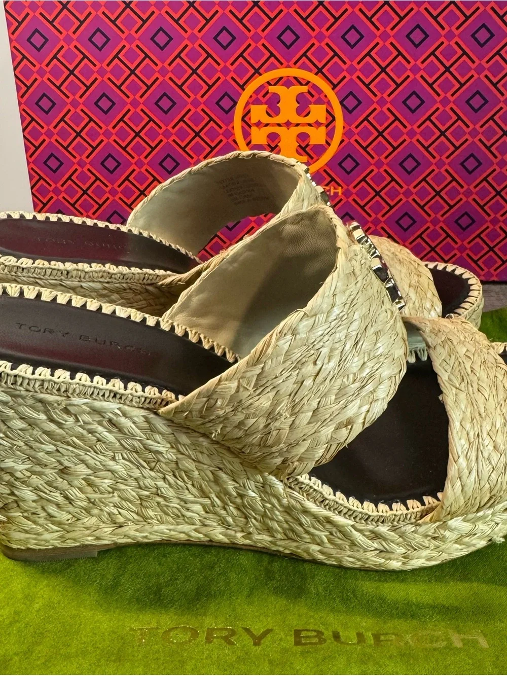 Tory Burch Everly Raffia Wedge Slide Sandals size 7 $320 EUC